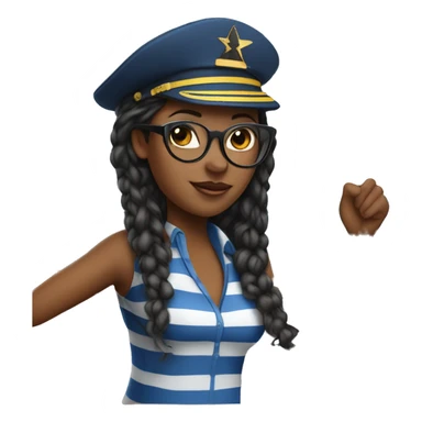 An african american woman at the wheel of a sailboat an bule and white striped shirt with black glasses and a star on her captain's hat. sticker