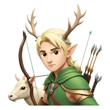 clash-of-clans-aesthetic-blond-male elf-archer-portrait-emoji, rendered in a flat, vector-style with minimal shading and bold holding his bow, simplified shapes, head tilted slightly forward with a determined, focused expression, riding a majestic white stag whose antlers glow with mystical energy, set against an ancient, enchanted forest backdrop. sticker