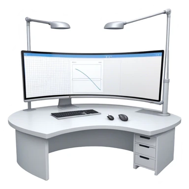Create an emoji for 3D visualization and modeling. Show a 3D object like room model with grid lines on a big curved monitor. Add a modeling tool a mouse and stylus. Use modern, professional colors. Do not include any emojis or smiley faces. Make the background transparent. sticker