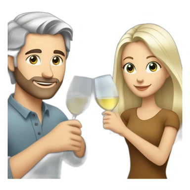 caucasian woman with brown eyes and blond medium long hair and a caucasian man with blue eyes and grey hair, toasting with a glass of white wine sticker