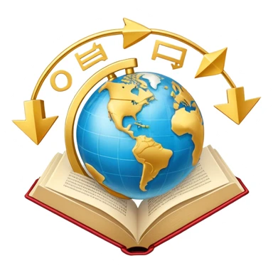 An icon featuring an open book with speech bubbles showing different alphabets—Latin, Cyrillic, Kanji. A globe and translation arrows symbolize global communication and language learning. Transparent background highlights cultural exchange and linguistic diversity. sticker