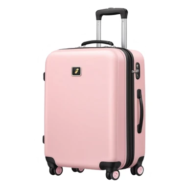 Pastel pink rolling carry-on suitcase next to white sneakers, minimal background sticker