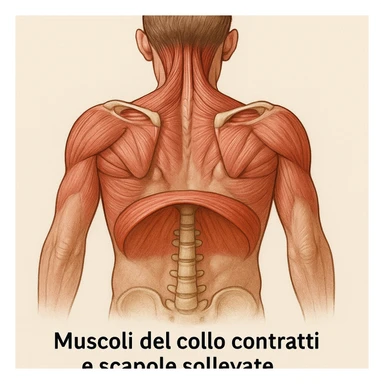 vista posteriore con muscoli del collo contratti e scapole sollevate, diaframma bloccato in evidenza, didascalia in italiano sticker