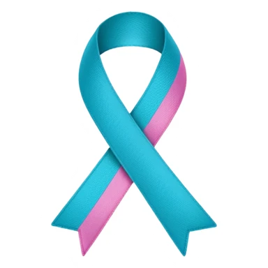 Thyroid cancer ribbon which has a blue strand, a pink strand and teal at the top where the ribbon crossed over sticker