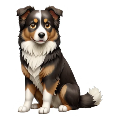 cinematic-[australian shepherd dog]-realistic-full-body-sitting-emoji,-tail-resting-loosely-beside-its-paws,-head-tilted-dramatically,-scruffy-[black white tan]-fur,-simplified-yet-realistic-focused-features,-highly-detailed,-glowing-with-an-almost-sarcastic-glow sticker