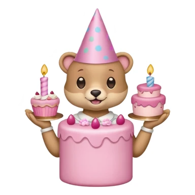 cute animal hold a pink birthday cake in both arms with pink birthday hat sticker