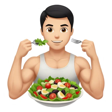 White guy with black hair and arm muscles eating a salad sticker