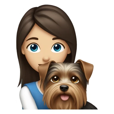 A brunette girl with blue eyes hug her dog Yorkshire Terrier sticker