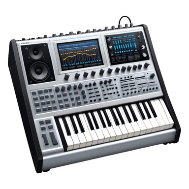 Create a professional and detailed emoji that represents sound design equipment. The design should feature a high-end Korg synthesizer, a sound mixing console, and a control panel with audio cables connecting to large studio speakers. Surround the equipment with sound waves made of musical notes to symbolize the creative process of shaping sound. Use sleek colors like silver, black, and neon accents to highlight the high-tech nature of the equipment. The background should be transparent. sticker