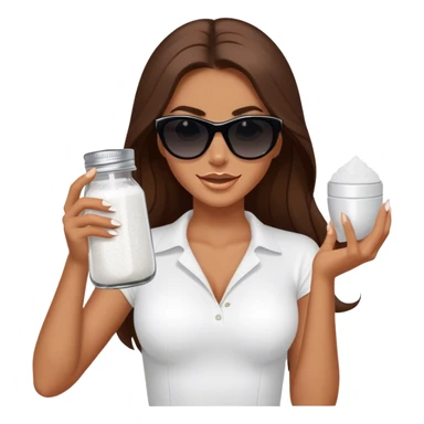 sassy woman with long brown hair, tan skin, and dark sunglasses holding a salt shaker filled with white table salt. She is sprinkling the salt out from the shaker while smirking sticker