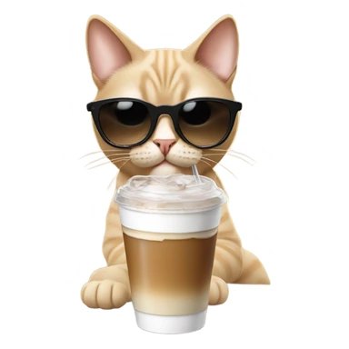 Beige cat wearing black sunglasses with a ice coffee sticker