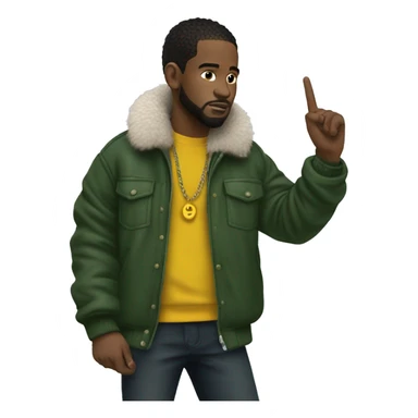 Side profile of a hip hop artist. He is holding a mic in one hand. That arm is pointing down. He's wearing a puffy dark green jacket. The jacket has a furry yellow collar.  sticker