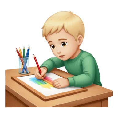 little boy drawing with pencils on white paper and wooden board sticker