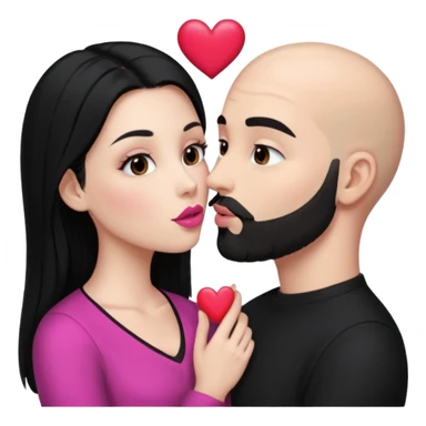 👩🏻‍❤️‍💋‍👨🏻 this one but the man should be bald. white woman with long black hair and white bald young man whoitiut hair and a heart between their heads. she has pink lips and both have brown eyes. he has e full beard but short. both wear black  sticker