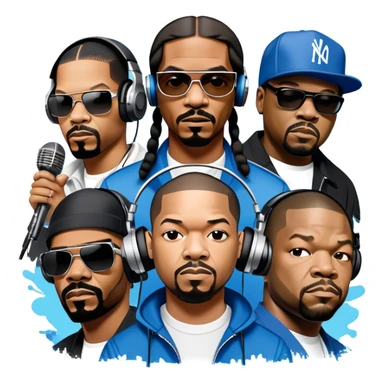 Icon for Rap Music: collage of rap legends—Snoop Dogg, Ice Cube, Dr. Dre, and 50 Cent. Iconic elements include microphones, headphones, and urban street elements like graffiti. Bold, energetic vibe with a hip-hop style. Transparent background. sticker