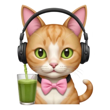 A cat wearing headphones with a glass of matcha, a pink bow on his ear sticker