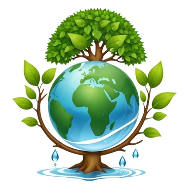 An icon featuring a tree, a recycling symbol, and a globe, representing ecology. The design includes green leaves, a water droplet, and wildlife, symbolizing the study of ecosystems, sustainability, and environmental protection. Transparent background. sticker