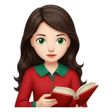 Long wavy dark brown haired, white skinned, dark green eyed girl in red blouse reading a book with a white background  sticker