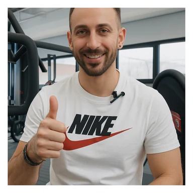 Edit the image of a man in a gym environment making an OK gesture with his thumb up, confirming positively with a natural and positive expression. Render in a photorealistic style. sticker