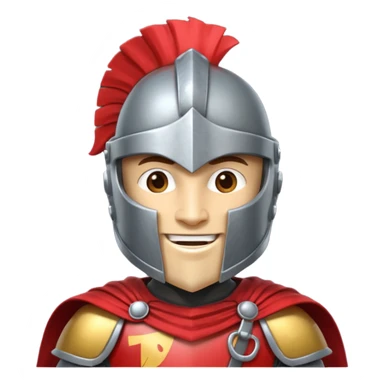 A friendly Trojan warrior mascot with a large cartoon-style head, wearing a silver helmet with a red crest and black cheek guards.  confident smile. The character wears dark armor with metallic details and a bright yellow cape.  sticker