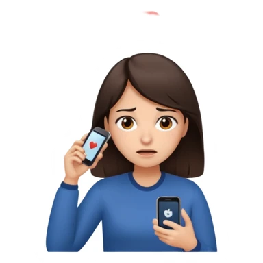 Social media manager. She has dark brown hair, brown eyes, overwhelmed expression, tired eyes, slightly stressed face,a holding a smartphone with notifications piling up sticker