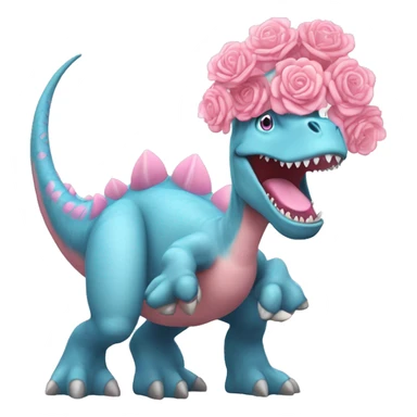 a pastel-blue dinosaur holding a giant pink bazooka wearing a big crown with flowers and really big eyelashes and it’s laughing  sticker