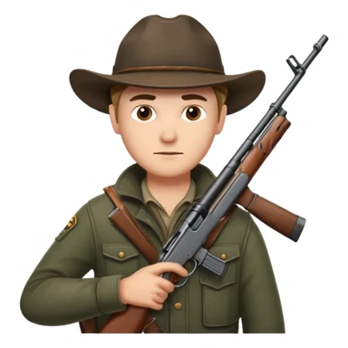 male hunter sitting and holding a rifle, minimal background sticker