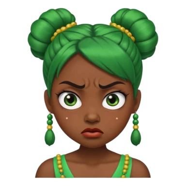 Create a 3D cartoon-style girl character with dark skin, round face, angry expression, big wide eyes, and tightly styled double buns made of green beaded hair. The girl should look irritated, eyebrows sharply angled, and lips pressed in a frown. sticker