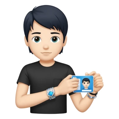 driving license of ipretty bratz emoji of a boy with a black tee, silver- blue bracelet, black hair sticker