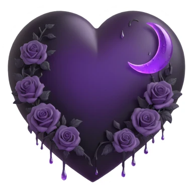 3D emoji gothic heart, purple glass, crescent moon with dripping effect, black roses in a heart shape, faint lightning, misty rain, cracked glass with misty glow sticker