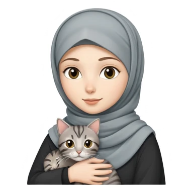 White girl wearing  hijab holding a black grey tabby cat sticker