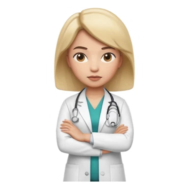 3D memoji style female doctor in medical coat, arms crossed, serious but calm expression, slightly raised eyebrow, professional look, centered, isolated, PNG, transparent background sticker