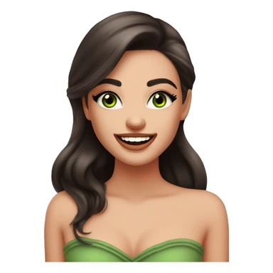 beautiful girl with high cheek bones orange blush, long straight shiny dark brown hair, big green eyes and big pale pink lips. Long thick eyelashes. Wearing a cream bustier.  She is laughing sticker