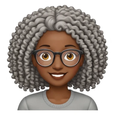 smiling dark black woman wearing glasses with lots of curly gray hair a sticker