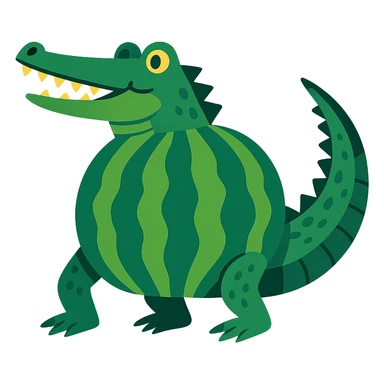 stylized crocodile with a green striped watermelon body, realistic crocodile tail and legs, fun and whimsical style sticker
