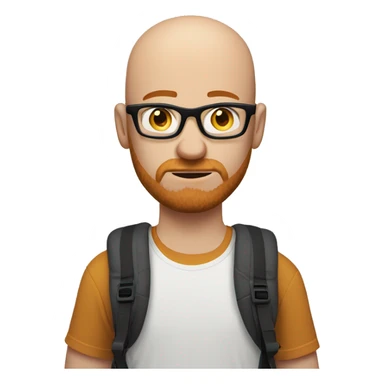 bald young man with ginger beard and black thin glasses, sad face, white t-shirt, backpack with action camera on his shoulder sticker
