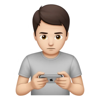 make a white guy with dark brown hair, with a simple white o grey shirt, repairing an iphone, un tecnico sticker