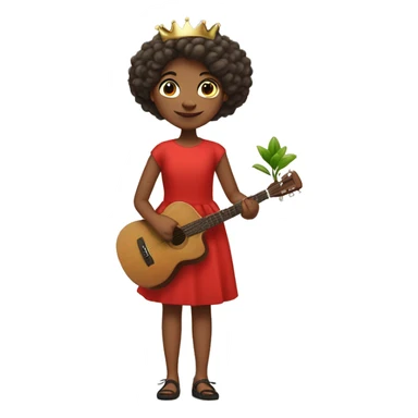 a girl who is a bit short with medium hair wearing a red frock with a potted plant in her one hand , paint brush in the other . musical notes all over . she should have a crown on her head  sticker
