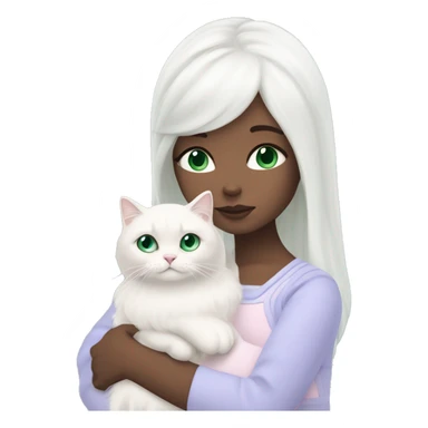 girl with very long black hair and green eyes and light pink outfit hugging a white scottish fold long hair blue eyes cat  sticker