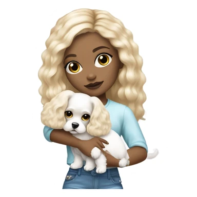 Cute long haired Blonde and blue-eyed girl fashion nightclub outfit and holding white cavachon dog sticker