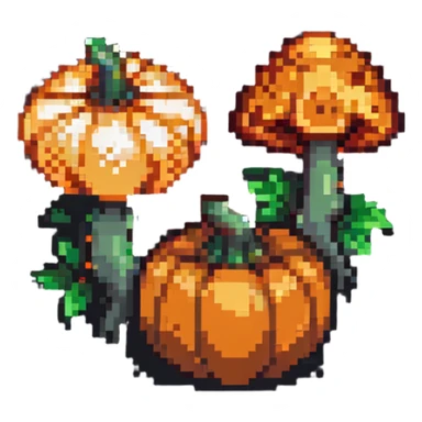 heart with a mushroom on one side and a pumpkin on the other, pixel art style sticker