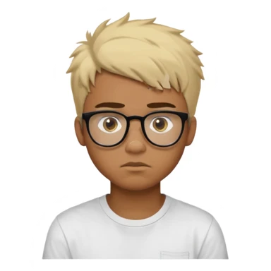 Teenager. Short buzz, messy blonde hair. Dark brown bushy eyebrows large expressive golden-brown eyes, brown skin color, scar over nose, wearing a plain white t-shirt. wearing clear thick black glasses. 20 year old male. thinking facial expression. brown skin color.  sticker