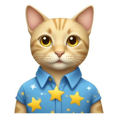Beige cat wearing a Blue shirt with white stars and yellow sticker