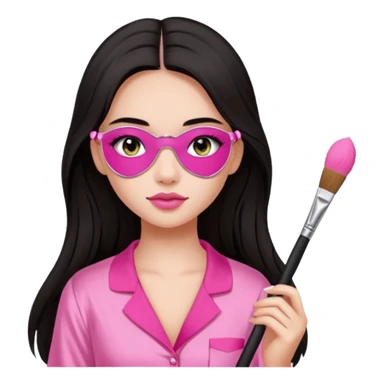 Dark long hair girl wearing pink victorias secret sleepwear is holding a makeup brush she also has eye patches white sticker