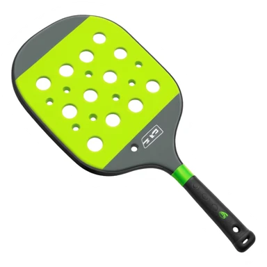 Modern Pickleball paddle graphite without holes, dark grey. 1 ball beside or on top the paddle florescent green at 45 degrees sticker