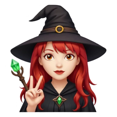 a witchy girl with long red hair and bangs holding a lucky sign sticker