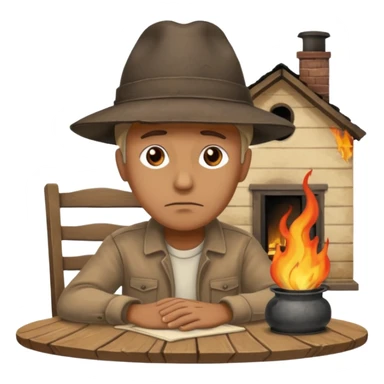 apple style emoji of a sad man at a table, burning house in the background sticker