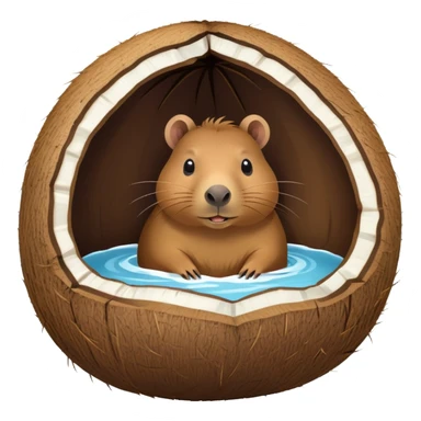 Small capybara inside a hollowed coconut, using it as a cozy home sticker
