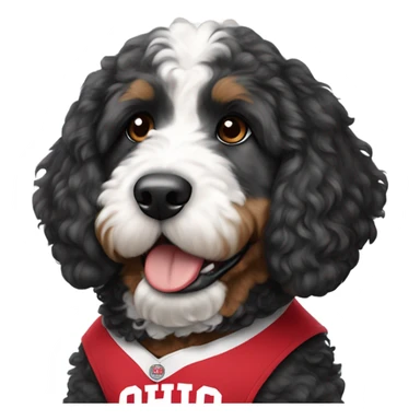 Bernedoodle with Ohio state jersey on sticker