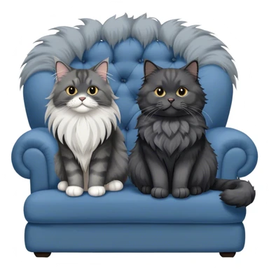 A large black smoke Maine Coon cat with long grey ear tufts and a fluffy grey ruff, sitting next to a chubby British Shorthair cat in blue color with plush fur, both sitting comfortably on a sofa. Beautiful room background with flowers and soft lighting. Transparent background. sticker